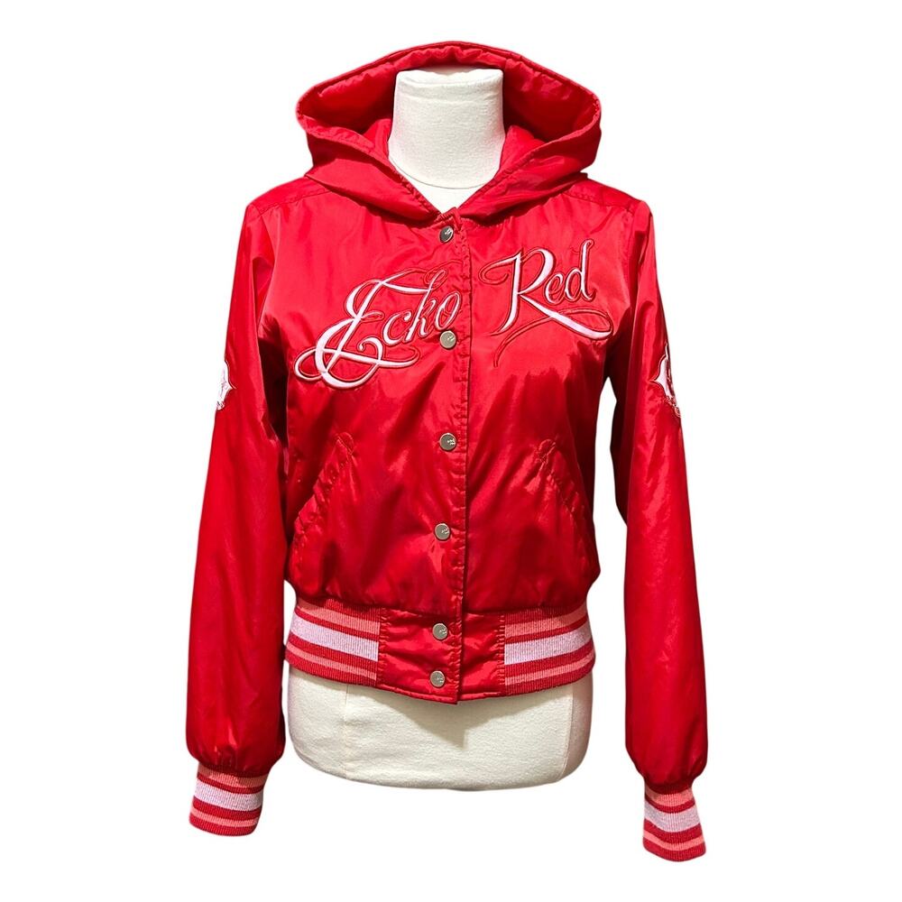Ecko Red Women's Size Large Hooded Varsity Bomber Jacket Red Snap Front